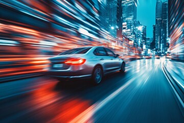 Aufkleber - Dynamic city street with a speeding car illuminated by neon lights at night