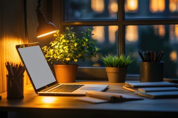Aufkleber - A person's work or study setup featuring a laptop computer sitting on a wooden desk
