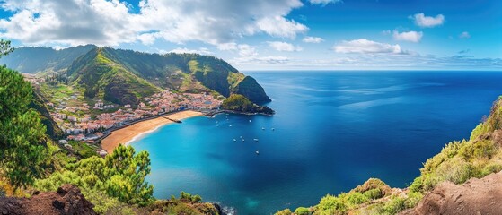 Poster - A serene landscape with a beach and mountains in the background, suitable for travel or nature-themed projects