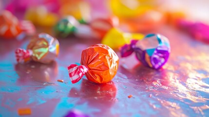 Aufkleber - An artistic photo of a scattered mix of  on a bright surface, with a focus on the different textures and patterns of the candy wrappers.