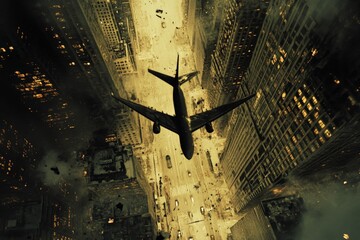 Poster - Airplane flying over a bustling city skyline during dusk with illuminated buildings and busy streets below