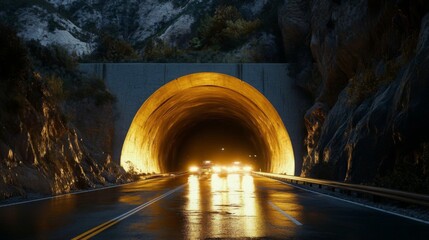 Aufkleber - An artistic shot of an expressway tunnel entrance, with bright headlights illuminating the entrance and creating a dramatic perspective on the road.