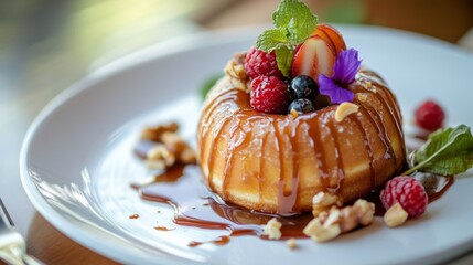 Poster - An artistic shot of a donut with a drizzle of caramel or icing, placed on a white plate with a few nuts or fruits around, highlighting the desserts richness.
