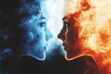 Poster - Two faces embodying fire and ice in a striking visual contrast of elemental forces