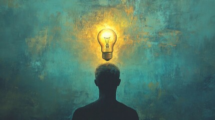 Poster - An inspirational image of a light bulb glowing above a person's head, symbolizing a brilliant new idea and innovative thinking in a clean, modern setting.