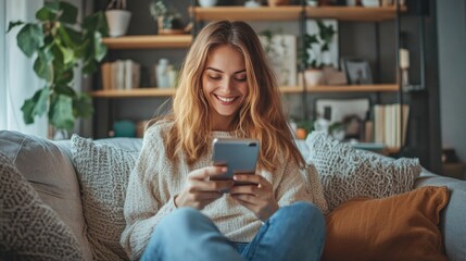 Poster - A person sitting on a couch looking at their smartphone, possibly checking social media or reading messages