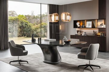 Poster - Modern dining room features a stylish table and elegant decor with a view of lush greenery in the background