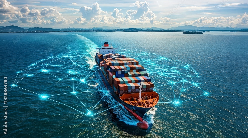 Container Ship with Digital Network Overlay at Sea Stock Photo | Adobe ...
