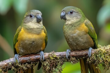 Poster - Colorful birds perched on a mossy branch in a lush rainforest setting during daylight hours
