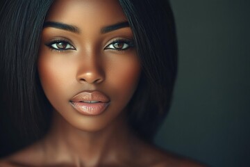 Poster - Portrait of a woman with smooth skin and captivating eyes, showcasing natural beauty in soft, muted lighting