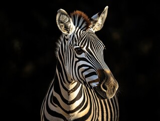 Poster - A close-up shot of a zebra's face in a dark environment