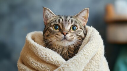 Poster - A charming image of a cat wrapped in a towel after its bath, looking cozy and content, with its wet fur being gently dried in a homey, relaxed environment.
