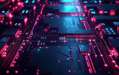 Fototapete - Abstract Digital Circuit Board with Neon Lights and Patterns