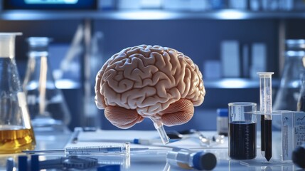 Poster - A close-up of a human brain in a laboratory setting, with scientific tools and notes surrounding it, illustrating brain research and neuroscience studies.