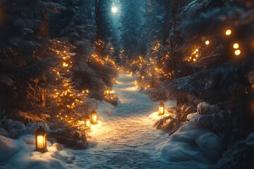 Poster - Magical winter forest path illuminated by twinkling lights and lanterns at night