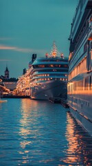 Poster - A large cruise ship is docked in a harbor at night, lit up by the surrounding lights and stars