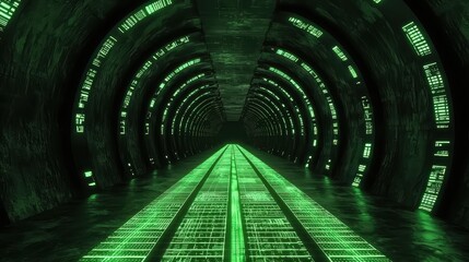 Poster - Futuristic Tunnel with Glowing Green Lights and Data Displays