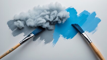 Poster - Creative expression through paint and smoke in an artistic workspace showcasing blue and gray hues