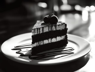 Poster - A slice of chocolate cake on a plate with a drizzle of melted chocolate