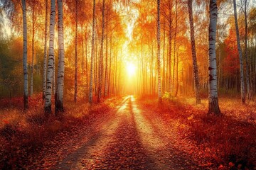 Poster - golden sunlight filters through birch trees creating a beautiful autumn pathway by sunset