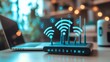 © Plaifah - A close-up of a Wi-Fi router with multiple antennas, surrounded by modern tech gadgets like a laptop and smart home devices, highlighting a connected lifestyle.