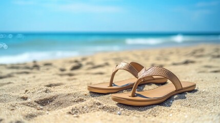 Aufkleber - A close-up of chic strappy sandals on a well-manicured beach, with the ocean in the background, highlighting the summer fashion and elegance.