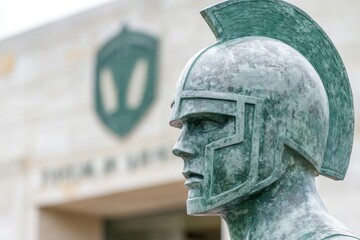 Poster - A detailed view of a statue showing a man wearing a helmet, suitable for use in historical or artistic contexts