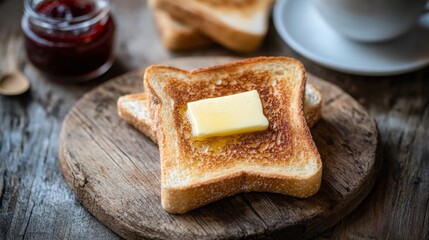Poster - A close-up of perfectly golden toast with butter melting on top, placed on a rustic wooden table alongside a cup of coffee and a small jar of jam.