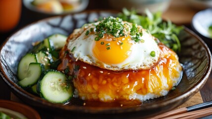 Poster - A colorful shot of omurice with a sunny-side-up egg on top, drizzled with a sweet and tangy sauce, served alongside a fresh cucumber salad.