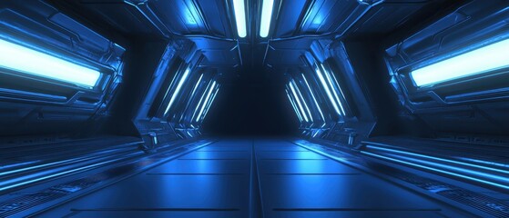 Poster - Futuristic Corridor with Neon Lights and Metallic Walls