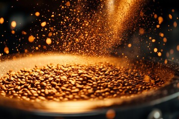 Aufkleber - Coffee beans are roasted releasing rich aromas in a kitchen setting during the afternoon