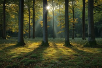 Poster - Sunlight filters through trees in a serene forest, creating a tranquil atmosphere during the early morning
