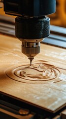 Poster - A close-up view of a machine cutting a piece of wood, ideal for use in industrial or manufacturing contexts