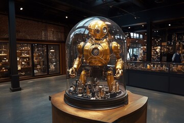Poster - Futuristic robot display in an urban exhibit featuring intricate collectibles and warm lighting