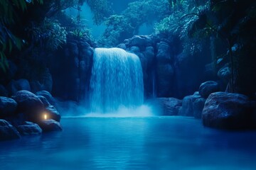 Poster - Tranquil forest setting with a mesmerizing waterfall cascading into a serene pool at dusk