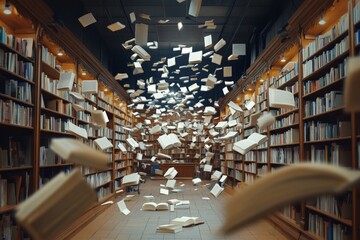Poster - Floating books in a library create an enchanting atmosphere during the night