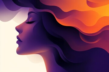 Poster - Colorful abstract portrait of a woman with flowing hair in shades of purple and orange