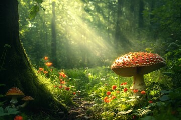 Poster - Vibrant mushrooms and wildflowers thrive under sunbeams in a lush forest