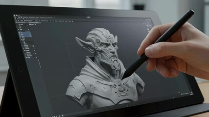 Fototapete - Man Sculpting 3D Character on Tablet with Stylus, Creative Design Process motion picture. Digital Art, High Tech Workflow, Artistic Expression and Modern Technology