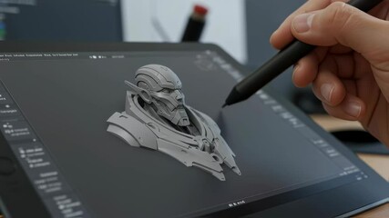 Poster - Artist using stylus on tablet for 3d model design video footage. Man creating digital sculpture with pen. Innovative technology and creative process concept clip.