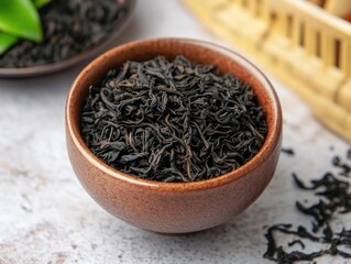 Poster - Tea set with black tea and fresh green leaves