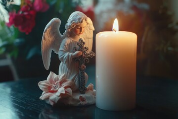 Poster - A candle and angel figurine placed together, suitable for use in home decor or as a symbol of faith