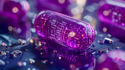 Poster - Close-up of a futuristic transparent capsule filled with glowing purple microchips and circuits, reflecting neon lights in a high-tech environment.