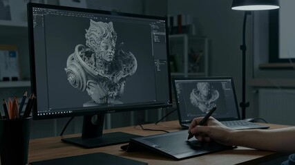 Poster - Caucasian man 3D artist sculpting a human bust on a computer using a graphic tablet. Digital art creation and sculpting in progress, freelance artist video footage