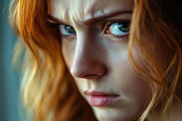 Aufkleber - Close-up portrait of a woman with bright red hair and focused expression