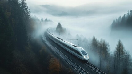 Poster - A high-speed train emerging from a foggy forest, with mist surrounding the tracks and creating a mysterious atmosphere.