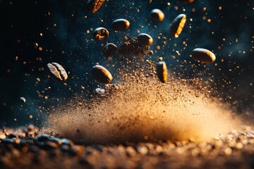 Aufkleber - Floating coffee beans create a dramatic display of dust and light in a dark setting