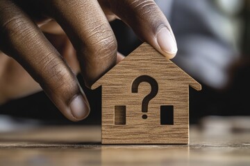 Poster - A person holds a small wooden house with a question mark, a thought-provoking image