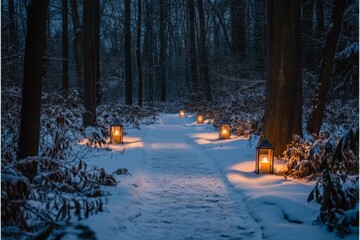 Poster - Snow-covered path illuminated by lanterns creates a magical atmosphere in the forest during winter twilight