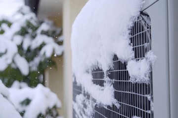 Poster - A detailed view of an air conditioner heavily coated with snow, suitable for winter-themed images or scenes